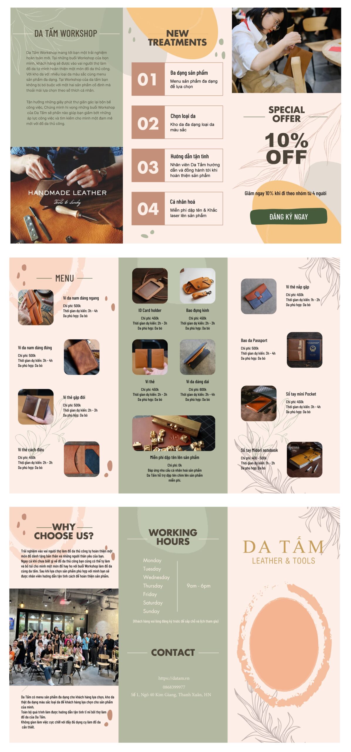 Catalog menu sản phẩm có trong workshop làm đồ da thủ công tại da tấm